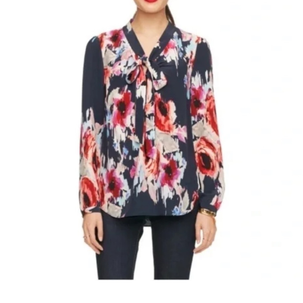kate spade Navy Floral Tie-Neck Blouse with Red & Pink Accents
